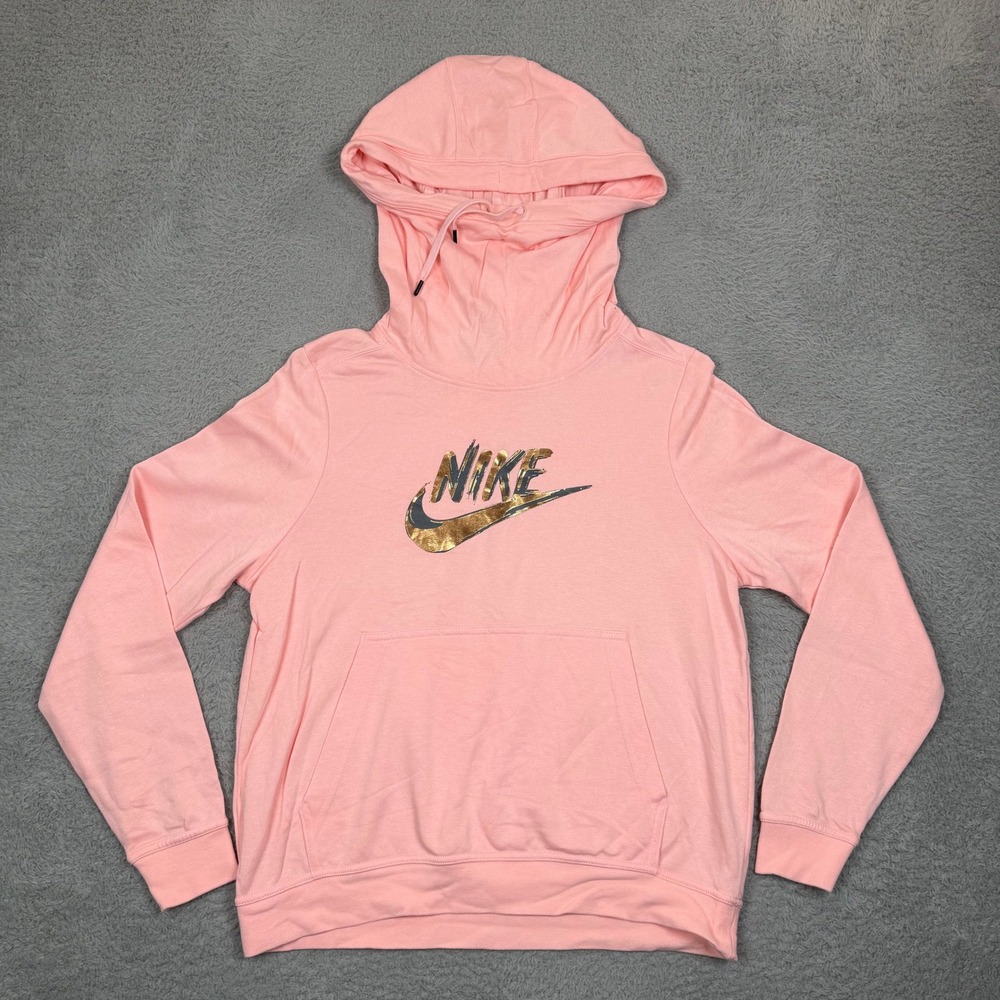 Nike‎ Womens Funnel Neck Hoodie Pink Gold Foil Metallic Logo Pullover Medium